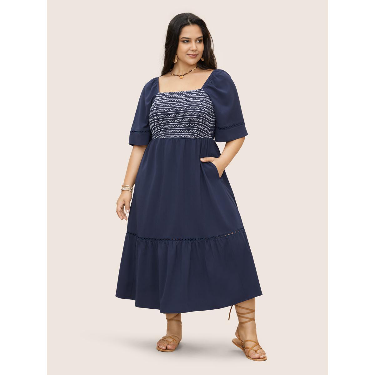 Plus Size Square Neck Woven Ribbon Gathered Shirred Dress Indigo Women Resort Woven ribbon&lace trim Square Neck Half Sleeve Curvy Midi Dress BloomChic 30/6X Product Image