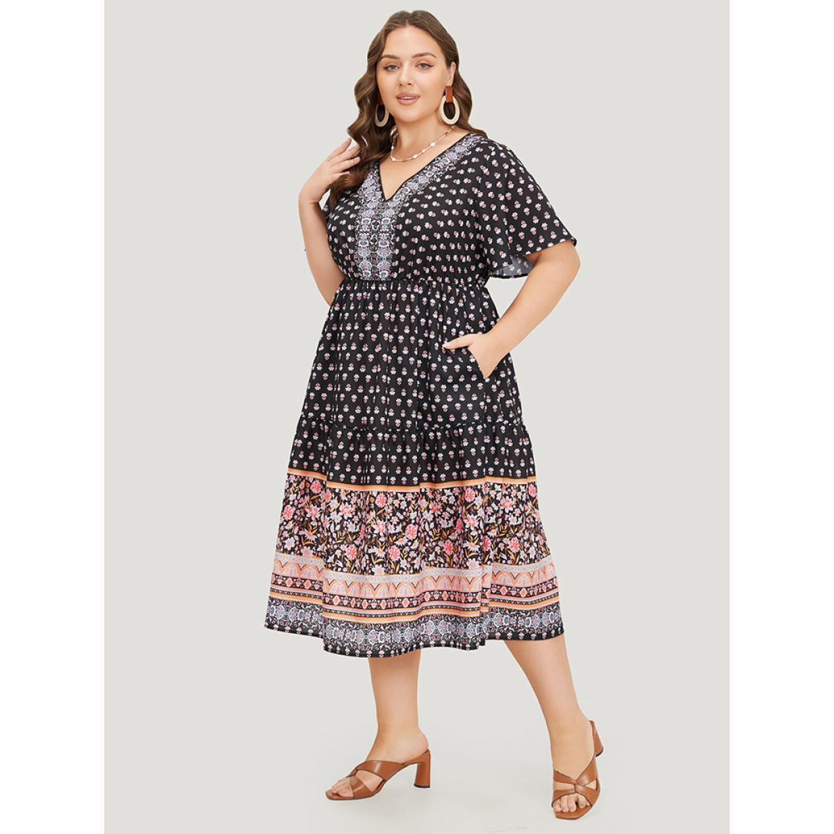 Plus Size Boho Print Contrast Gathered Pocket Ruffles Dress BlackFlower Women Vacation V-neck Short sleeve Curvy Midi Dress BloomChic 22-24/3X Product Image