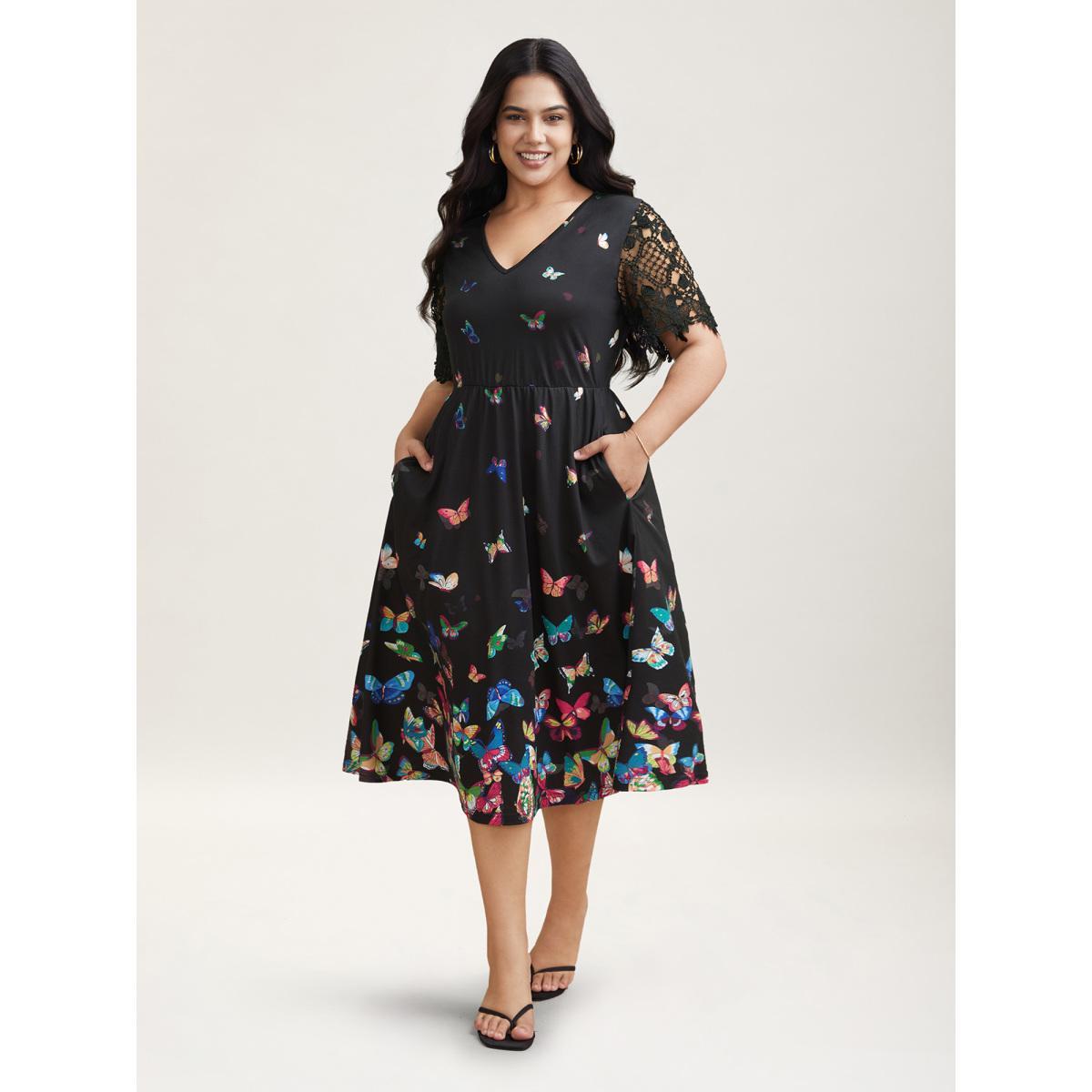 Plus Size Butterfly Print V-Neck Lace Midi Dress Multicolor Women Casual Woven ribbon&lace trim Knit Dresses Bloomchic 26/4X Product Image