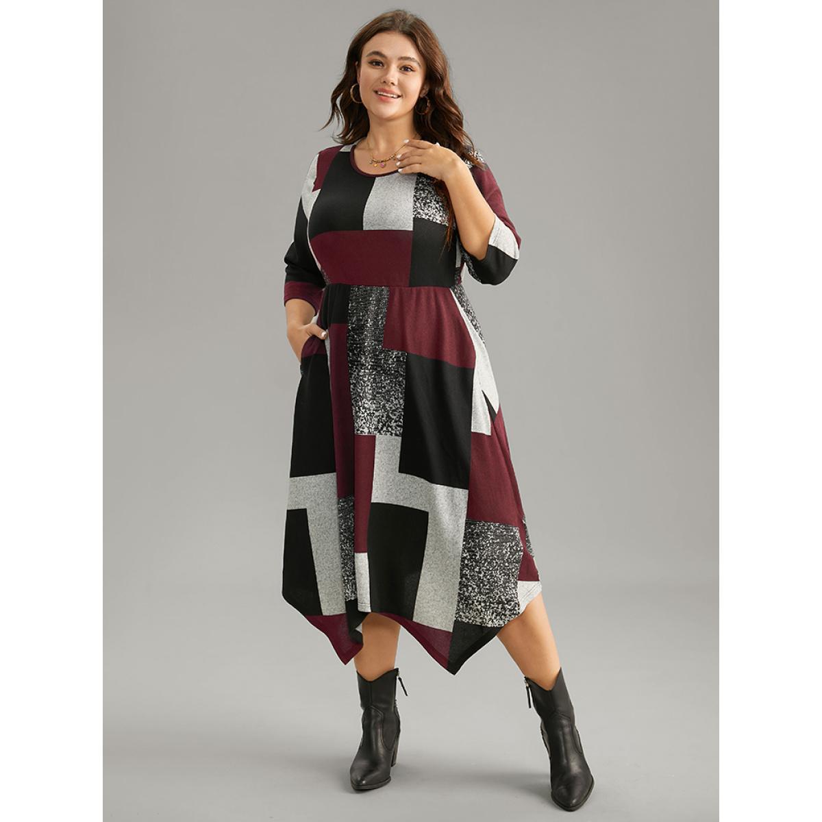 Plus Size Colorblock Contrast Round Neck Elastic Waist Dress Red Women Casual Printed Round Neck Elbow-length sleeve Curvy Midi Dress BloomChic 10/M Product Image