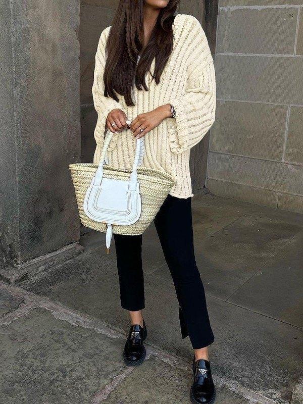 Loose Knit V Neck Pullover Sweater Product Image