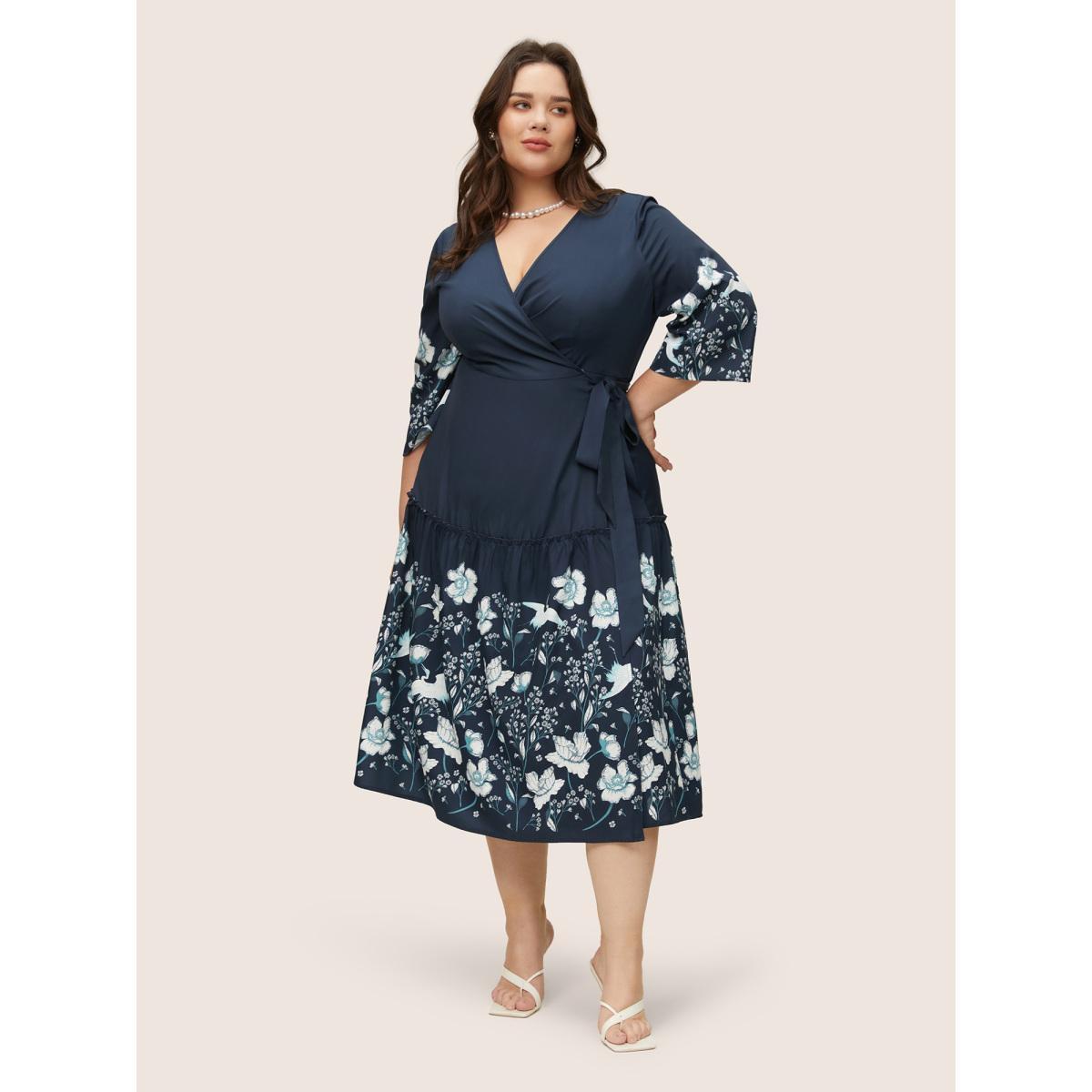 Plus Size Bandana Print Knotted Overlap Collar Bell Sleeve Dress DarkBlue Women Elegant Non Overlap Collar Elbow-length sleeve Curvy Midi Dress BloomChic 26/4X Product Image