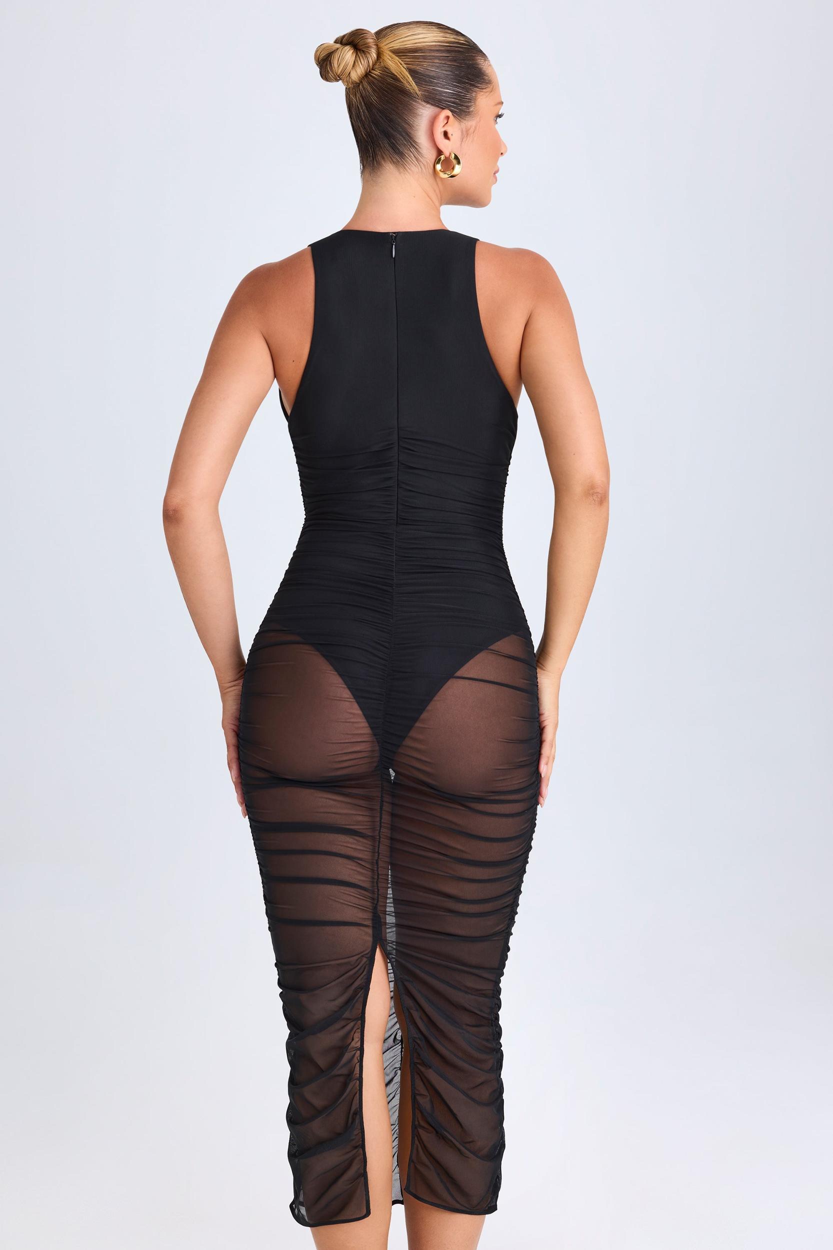 Ruched Plunge Midaxi Dress in Black Product Image