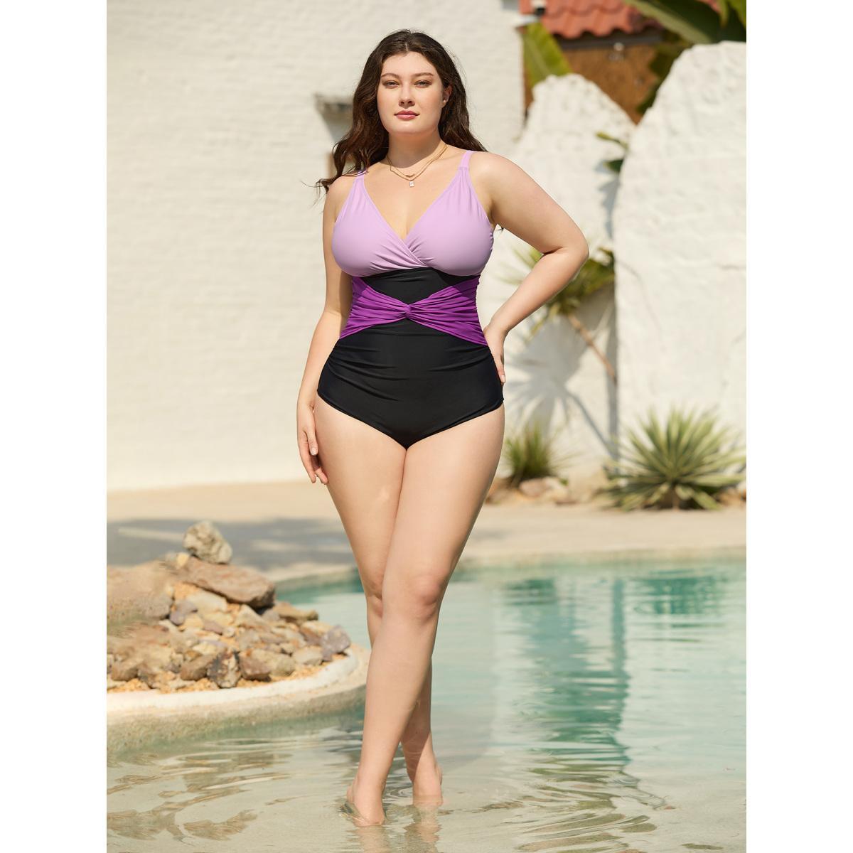 Plus Size Color Block Ruched One-Piece Swimsuit Women's Swimwear Lilac Beach Twist Curve Bathing Suits High stretch One Pieces BloomChic 14-16/1X Product Image