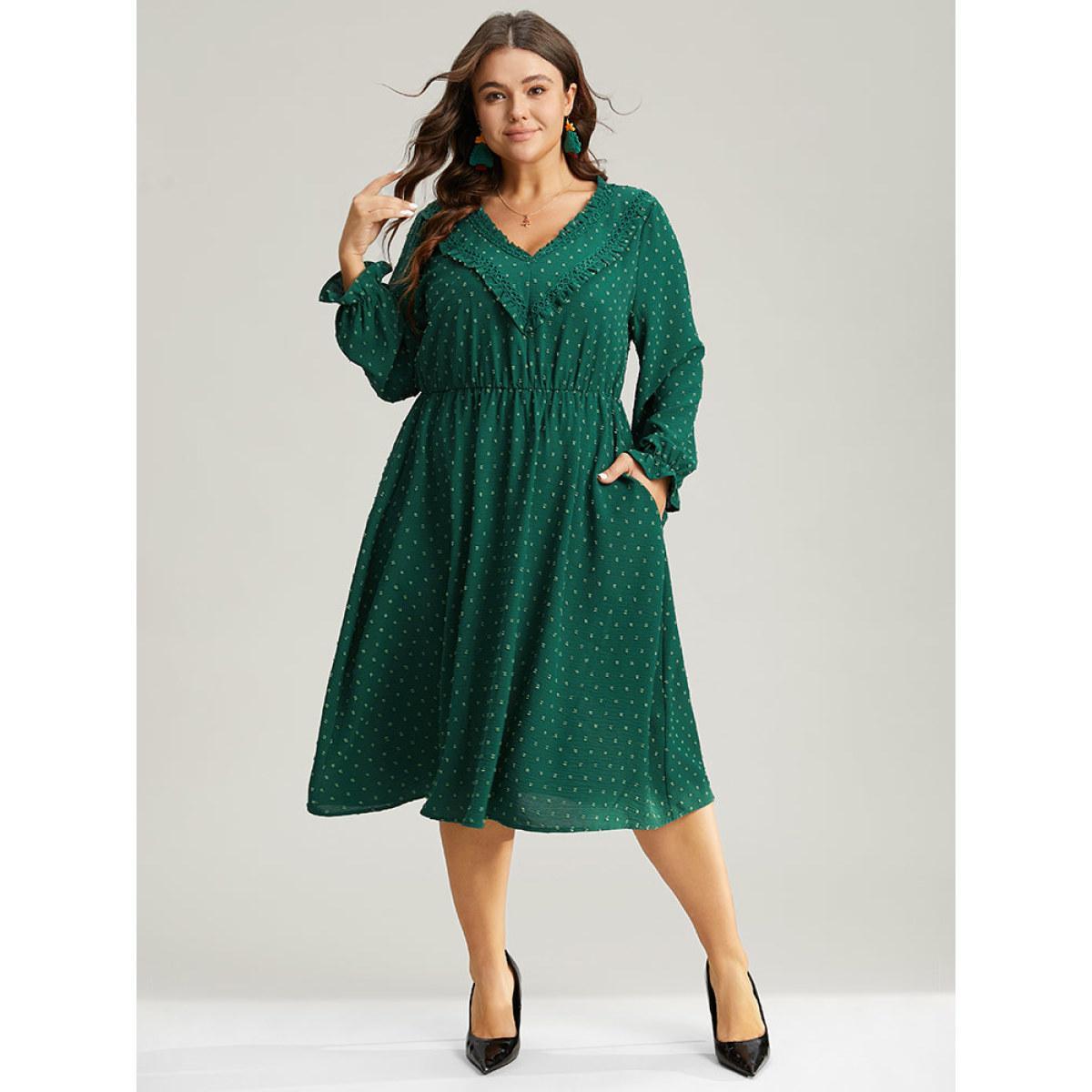 Plus Size Solid Textured V Neck Lantern Sleeve Frill Trim Dress DarkGreen Women Office Texture V-neck Long Sleeve Curvy Midi Dress BloomChic 28/5X Product Image