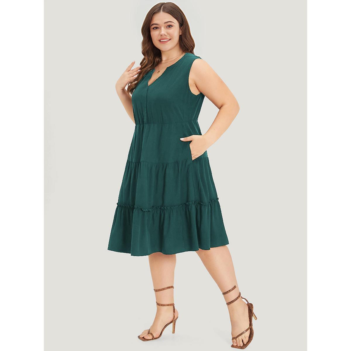Plus Size Supersoft Essentials Notched Ruffle Layered Hem Sleeveless Dress Green Women Elegant Gathered V-neck Sleeveless Curvy Midi Dress BloomChic 22-24/3X Product Image