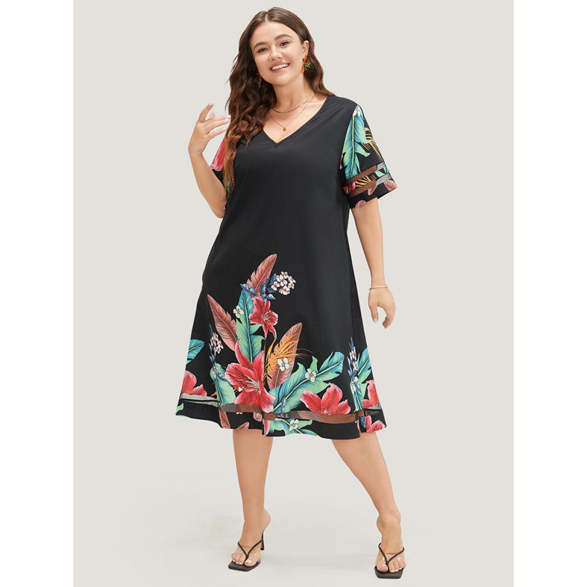 Plus Size Floral Mesh Insert V Neck Pocket Ruffles Dress BlackFlower Women Vacation See through V-neck Short sleeve Curvy Midi Dress BloomChic 30/6X Product Image