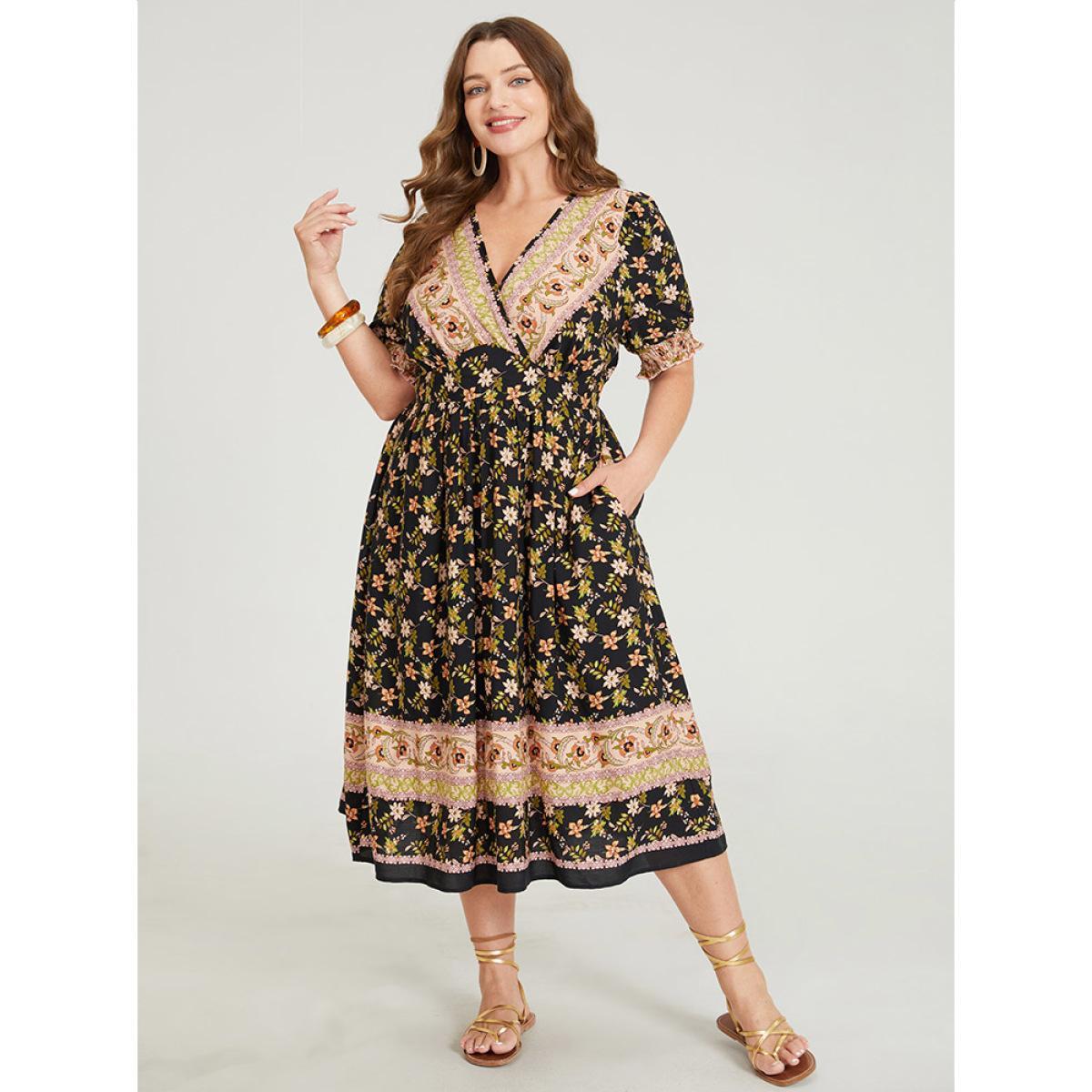 Plus Size Bandana Print Surplice Neck Pocket Shirred Puff Sleeve Dress BlackFlower Women Vacation Overlap Collar Short sleeve Curvy Midi Dress BloomChic 18-20/2X Product Image