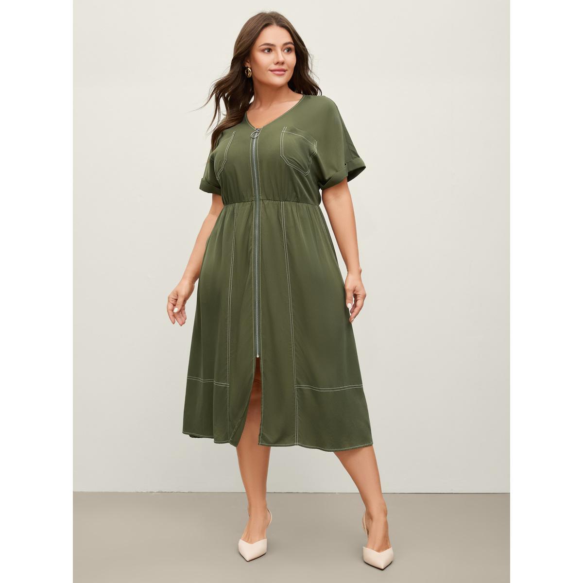 Plus Size Monochrome Zipper Front Pockets Midi Dress ArmyGreen Women V-neck Short sleeve Curvy BloomChic 22-24/3X Product Image