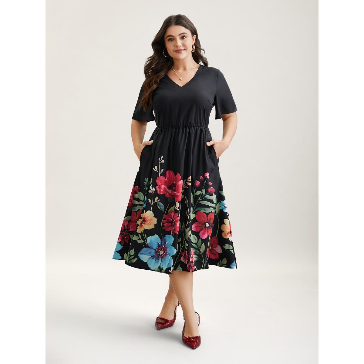 Plus Size Floral Print V-Neck Half-Sleeve Midi Dress Black Women Elegant Non V-neck Short sleeve Curvy BloomChic 30/6X Product Image