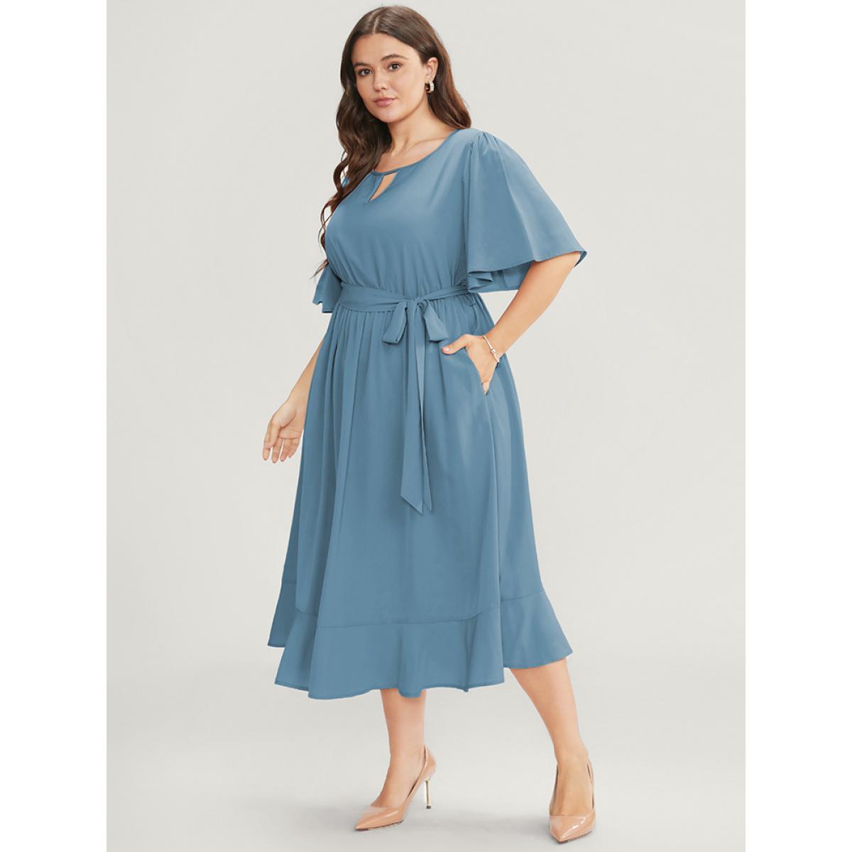 Plus Size Solid Keyhole Round Neck Pocket Belted Flutter Dress Stone Women Office Belted Round Neck Half Sleeve Curvy Midi Dress BloomChic 22-24/3X Product Image
