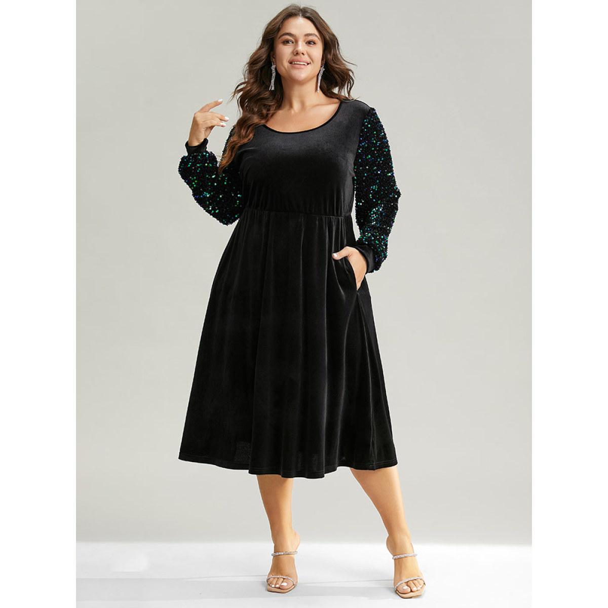 Plus Size Velvet Patchwork Sequin Elastic Waist Dress Black Women Party Velvet Scoop Neck Long Sleeve Curvy Midi Dress BloomChic 28/5X Product Image
