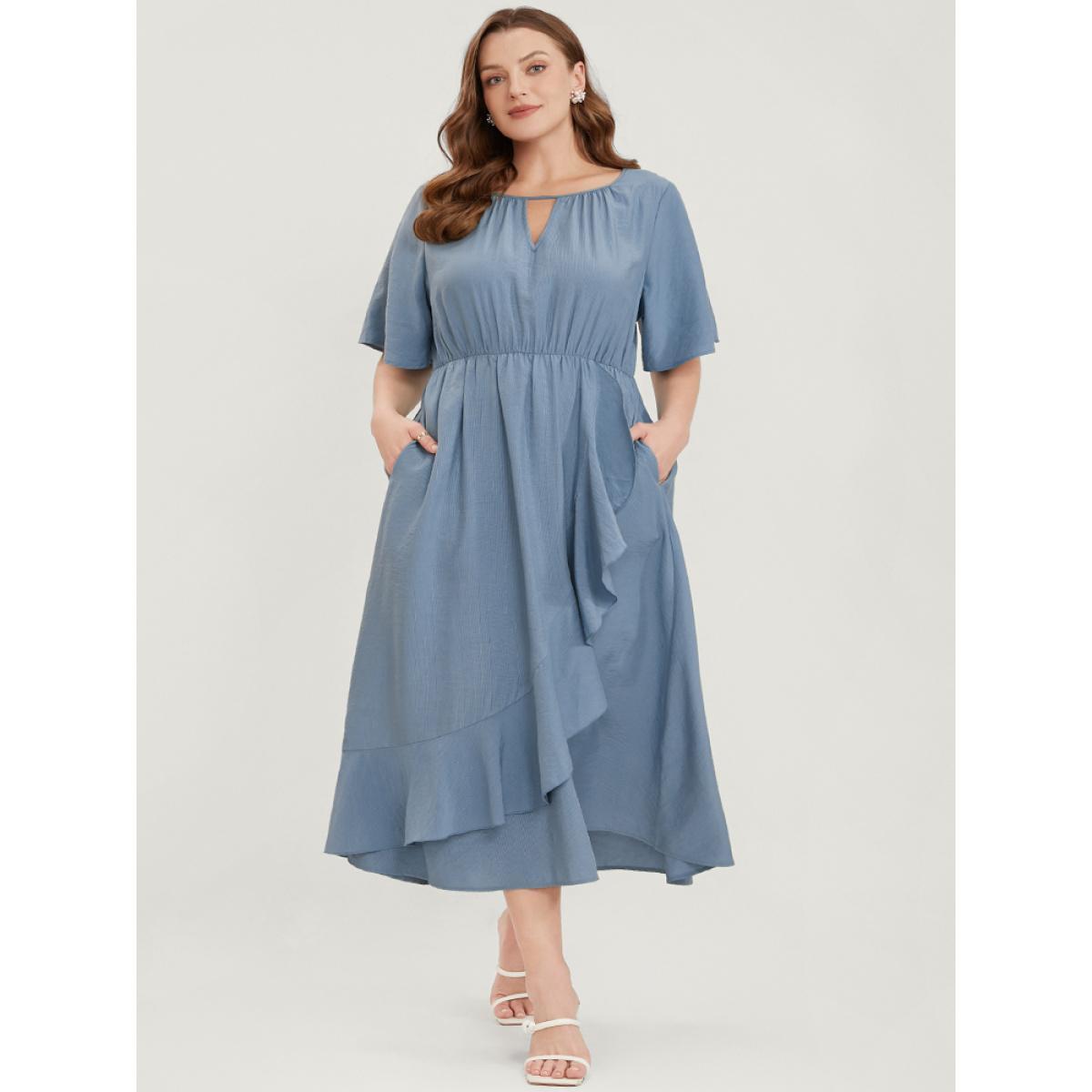 Plus Size Solid Keyhole Round Neck Pocket Ruffle Trim Rib Knit Dress Stone Women Elegant Cut-Out V-neck Short sleeve Curvy Midi Dress BloomChic 14-16/1X Product Image