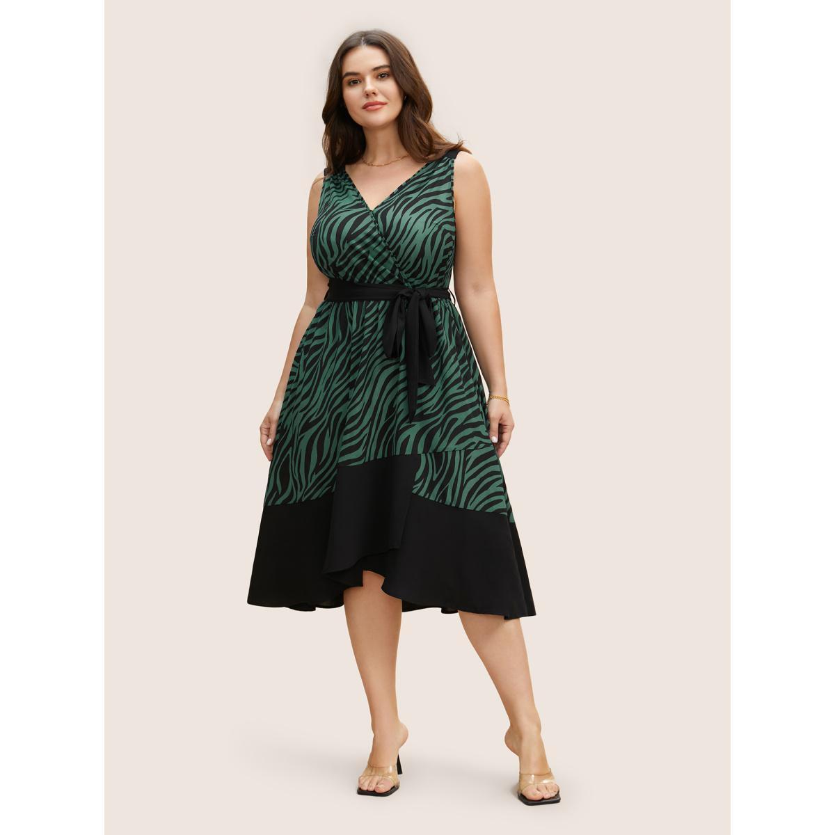 Plus Size Zebra Print Wrap Belted Tank Dress Emerald Women At the Office Belted V-neck Sleeveless Curvy BloomChic 14-16/1X Product Image