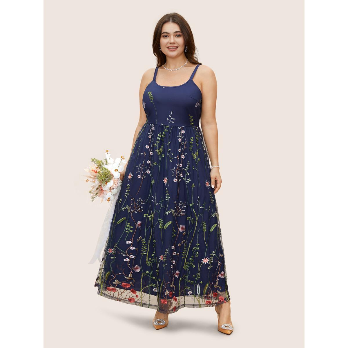 Plus Size U Neck Floral Embroidered Mesh Cami Dress DarkBlue Women Formal U-neck Sleeveless Curvy BloomChic 14-16/1X Product Image