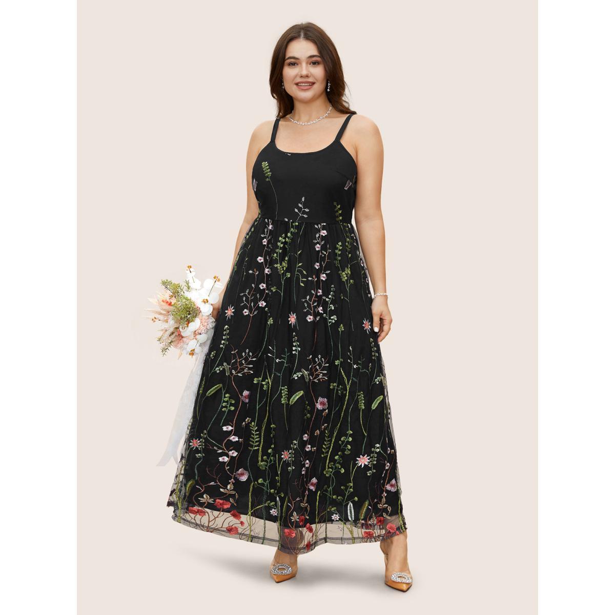 Plus Size U Neck Floral Embroidered Mesh Cami Dress Black Women Formal U-neck Sleeveless Curvy BloomChic 14-16/1X Product Image