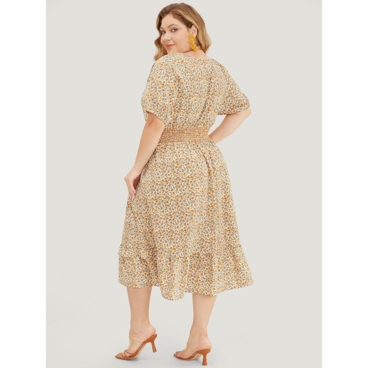 Plus Size Ditsy Floral Pocket Puff Sleeve Shirred Ruffle Trim Dress Apricot Women Elegant Gathered V-neck Short sleeve Curvy Midi Dress BloomChic 18-20/2X Product Image