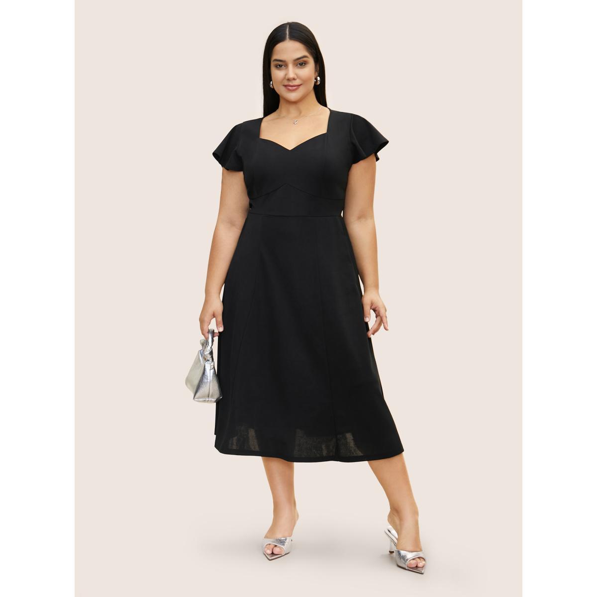 Plus Size Solid Heart Neckline Cap Sleeve Dress Black Women Workwear Essentials Heart neckline Cap Sleeve Curvy BloomChic 12/L Product Image