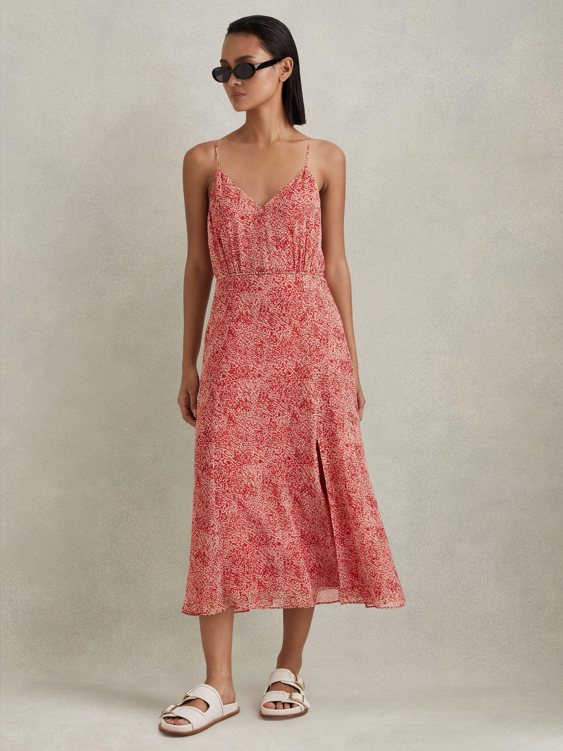 Printed Belted Midi Dress in Red Product Image