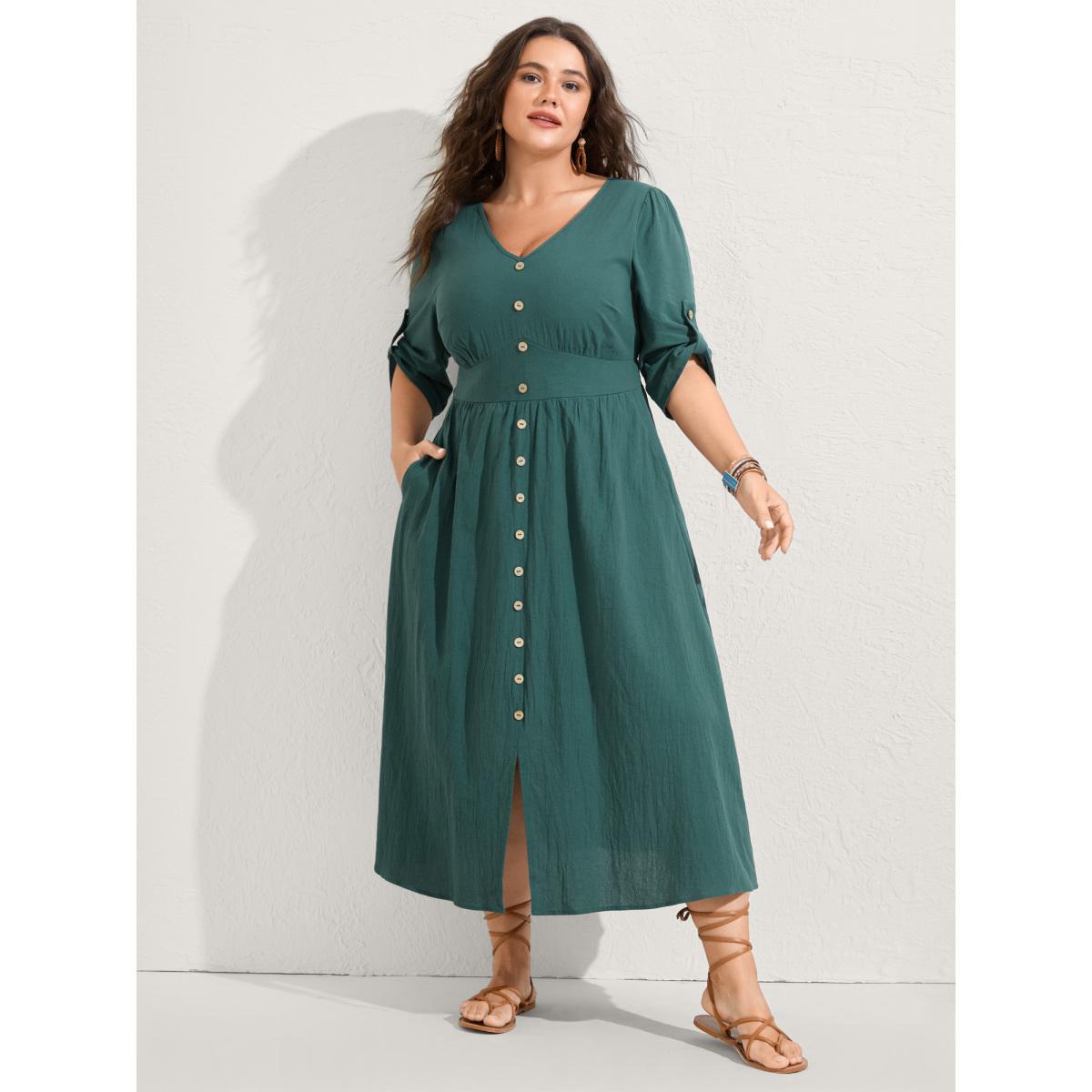Plus Size Pure Cotton Button Gathered Sleeve Midi Dress Teal Women Gathered V-neck Elbow-length sleeve Curvy BloomChic 30/6X Product Image
