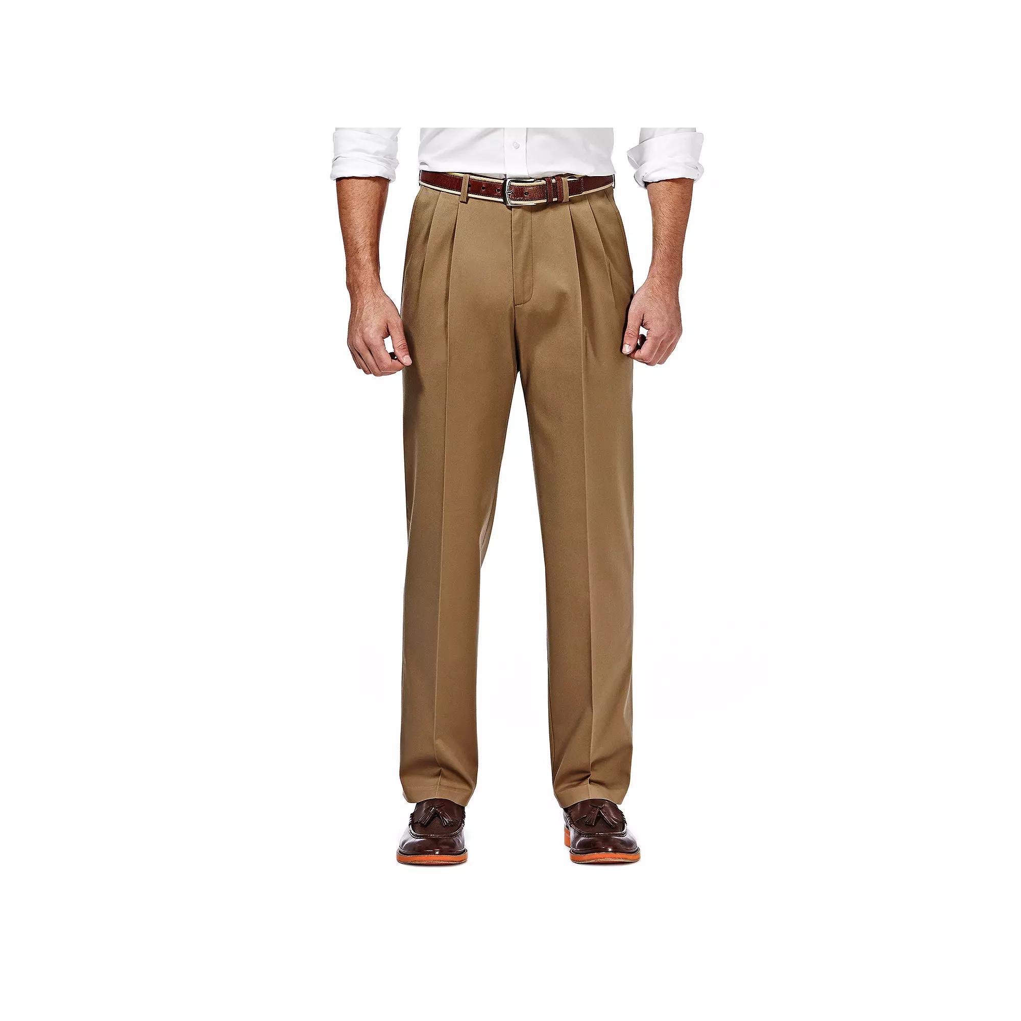 Mens Haggar Premium No-Iron Khaki Stretch Classic-Fit Pleated Expandable Waist Pants, Mens Product Image