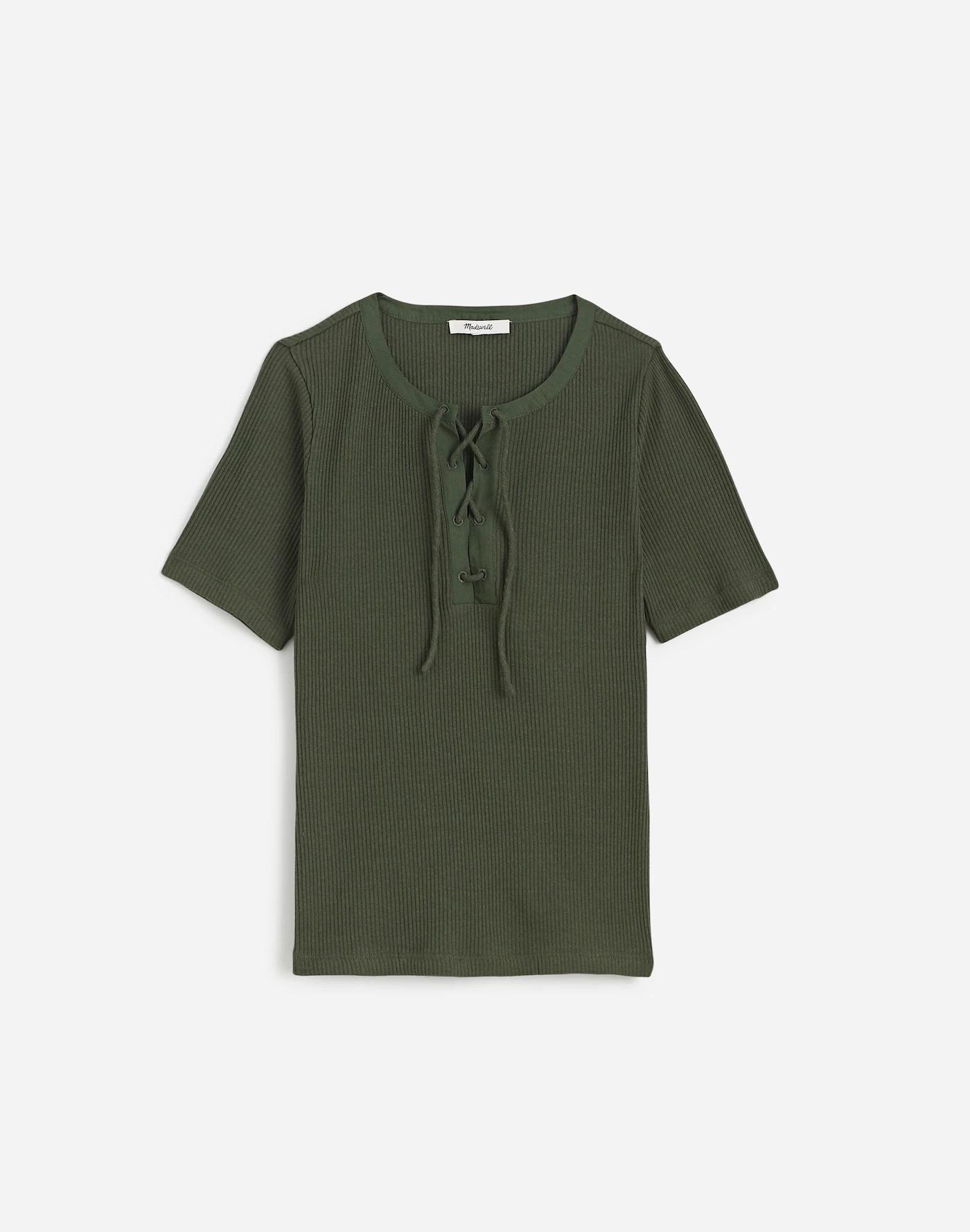 Ribbed Lace-Up Short-Sleeve Tee Product Image