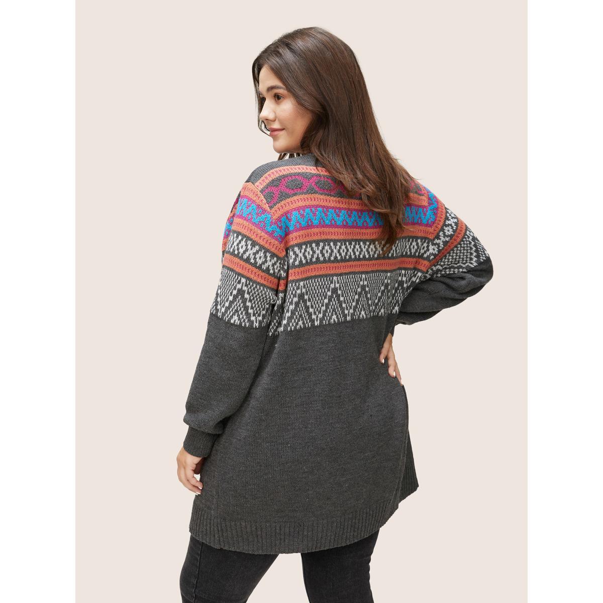 Plus Size Boho Contrast Jacquard Patched Pocket Cardigan Multicolor Women Casual Loose Long Sleeve Dailywear Cardigans BloomChic 30/6X Product Image