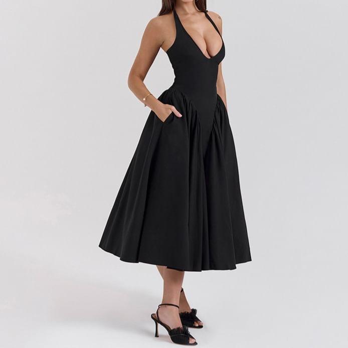 Halter Deep Plunge Plain Gathered Midi A-Line Dress Product Image