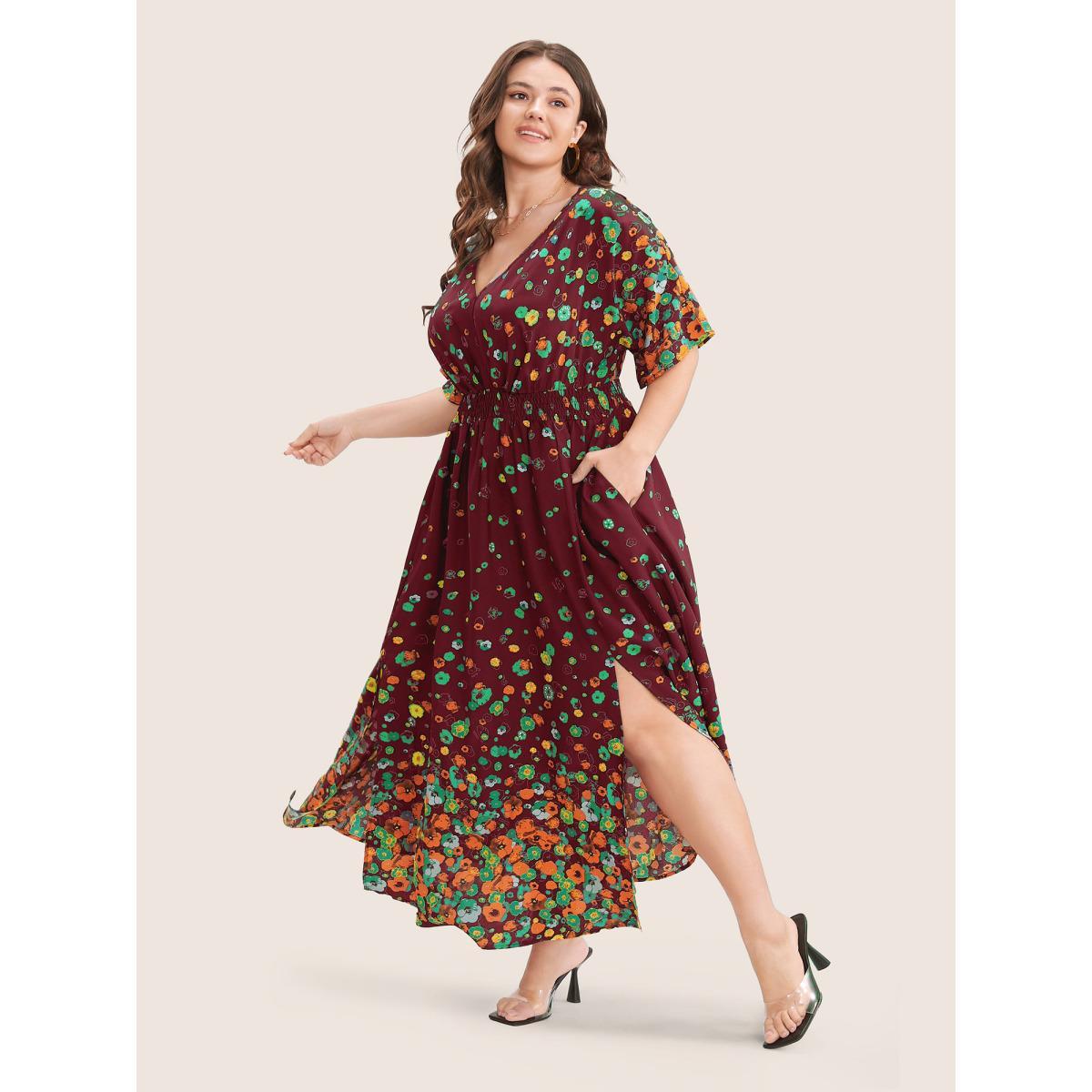 Plus Size Floral Printed Pocket V Neck Shirred Split Hem Dress Burgundy Women Elegant Non V-neck Short sleeve Curvy Midi Dress BloomChic 12/L Product Image
