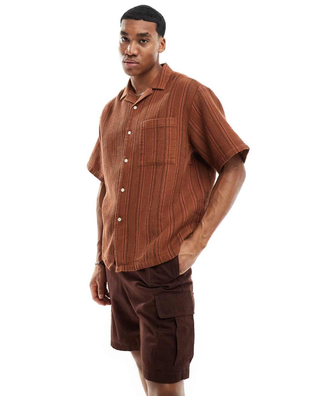 ASOS DESIGN oversized revere striped shirt in brown Product Image