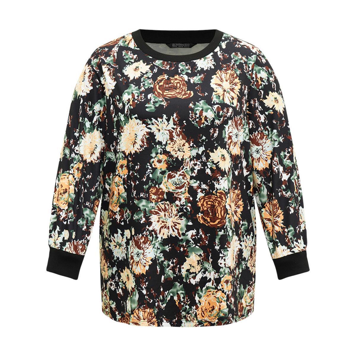 Plus Size Floral Print Elastic Cuffs Sweatshirt Women Black Elegant Printed Round Neck Dailywear Sweatshirts BloomChic 14-16/1X Product Image