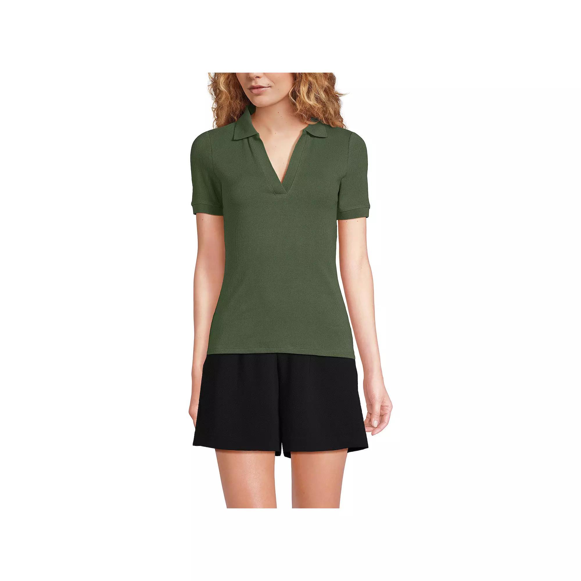Women's Lands' End V-Neck Short Sleeve Polo, Size: Large, Ivory Dual Stripe Product Image