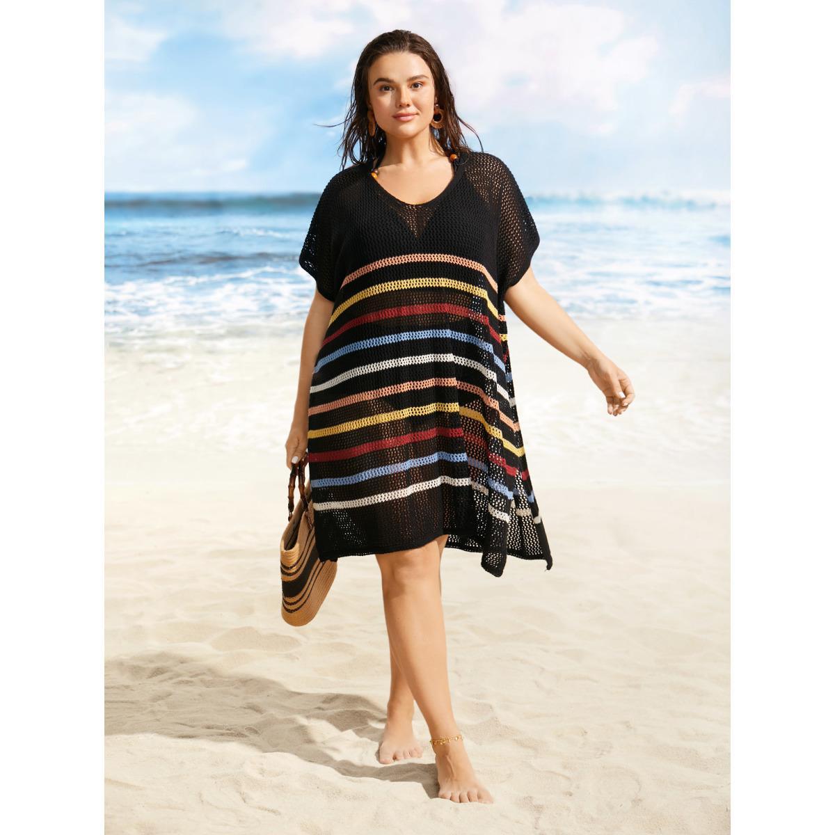 Plus Size Contrast Striped Batwing Sleeve Split Hem Swim Cover Up Women's Swimwear Black Beach Loose Texture Curve Swim Cover Ups BloomChic 30/6X Product Image