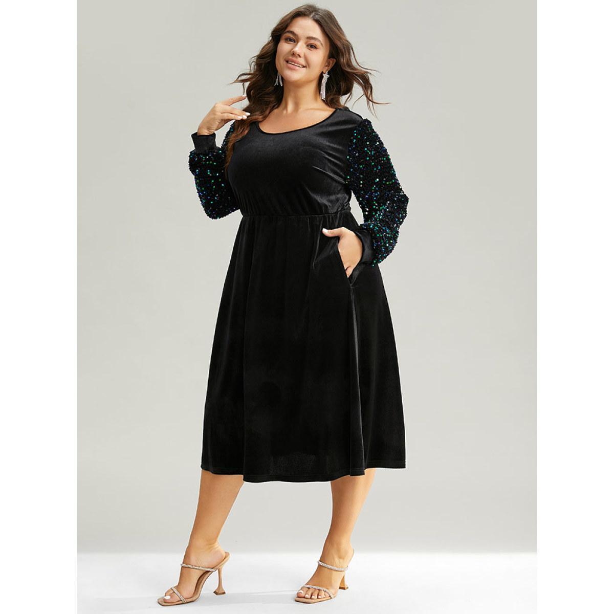Plus Size Velvet Patchwork Sequin Elastic Waist Dress Black Women Party Velvet Scoop Neck Long Sleeve Curvy Midi Dress BloomChic 28/5X Product Image