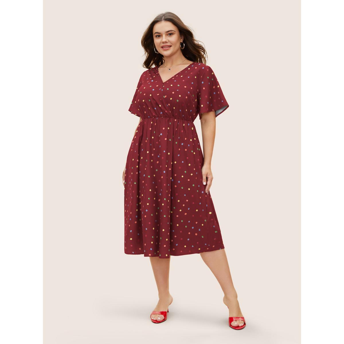 Plus Size Colored Polka Dot Overlap Collar Midi Dress DarkGreen Women Elegant Contrast Overlap Collar Short sleeve Curvy BloomChic 14-16/1X Product Image