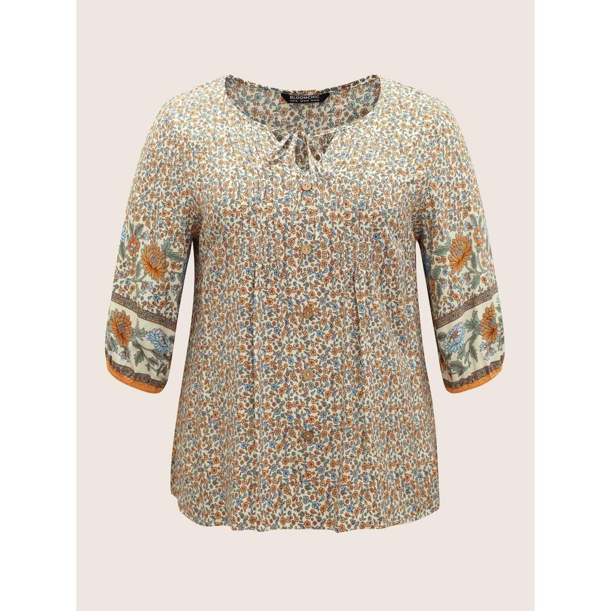 Plus Size Beige Boho Print Pleated Button Detail Tie Neck Blouse Women Resort Elbow-length sleeve Notched collar Vacation Blouses BloomChic 14-16/1X Product Image