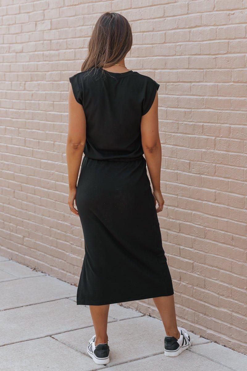 Black Drawstring Slit Midi Dress Female Product Image