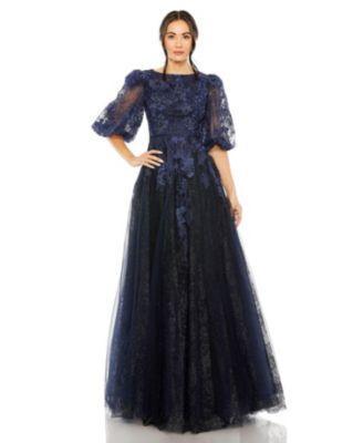 Mac Duggal Womens High Neck Puff Sleeve A Line Gown Product Image