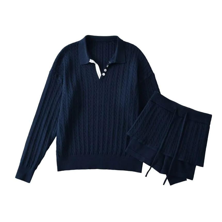 Polo Collared Plain Cable Knit Sweater Product Image