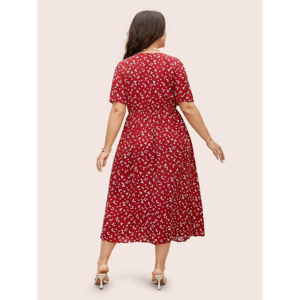 Plus Size Ditsy Floral Button Detail Elastic Waist Midi Dress Crimson Women Elegant Gathered V-neck Short sleeve Curvy BloomChic 28/5X Product Image