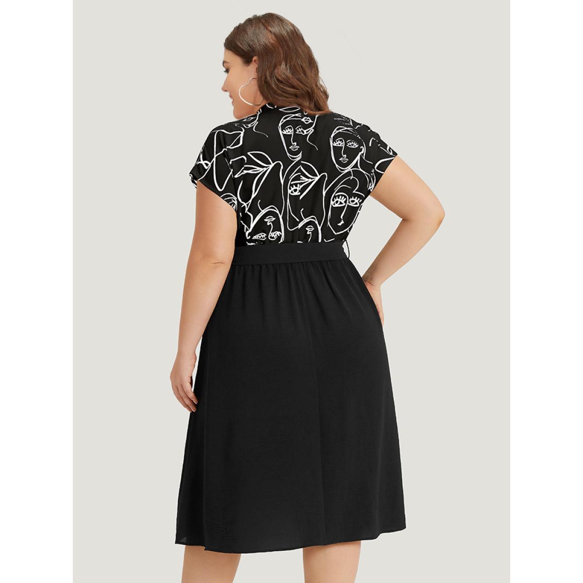 Plus Size Figure Graffiti Notched Patchwork Belted Dress Black Women Office Lined Notched collar Short sleeve Curvy Midi Dress BloomChic 14-16/1X Product Image