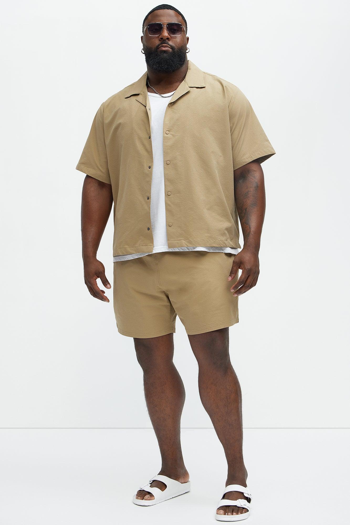 Seersucker Short Sleeve Cuban Collar Shirt - Khaki Product Image