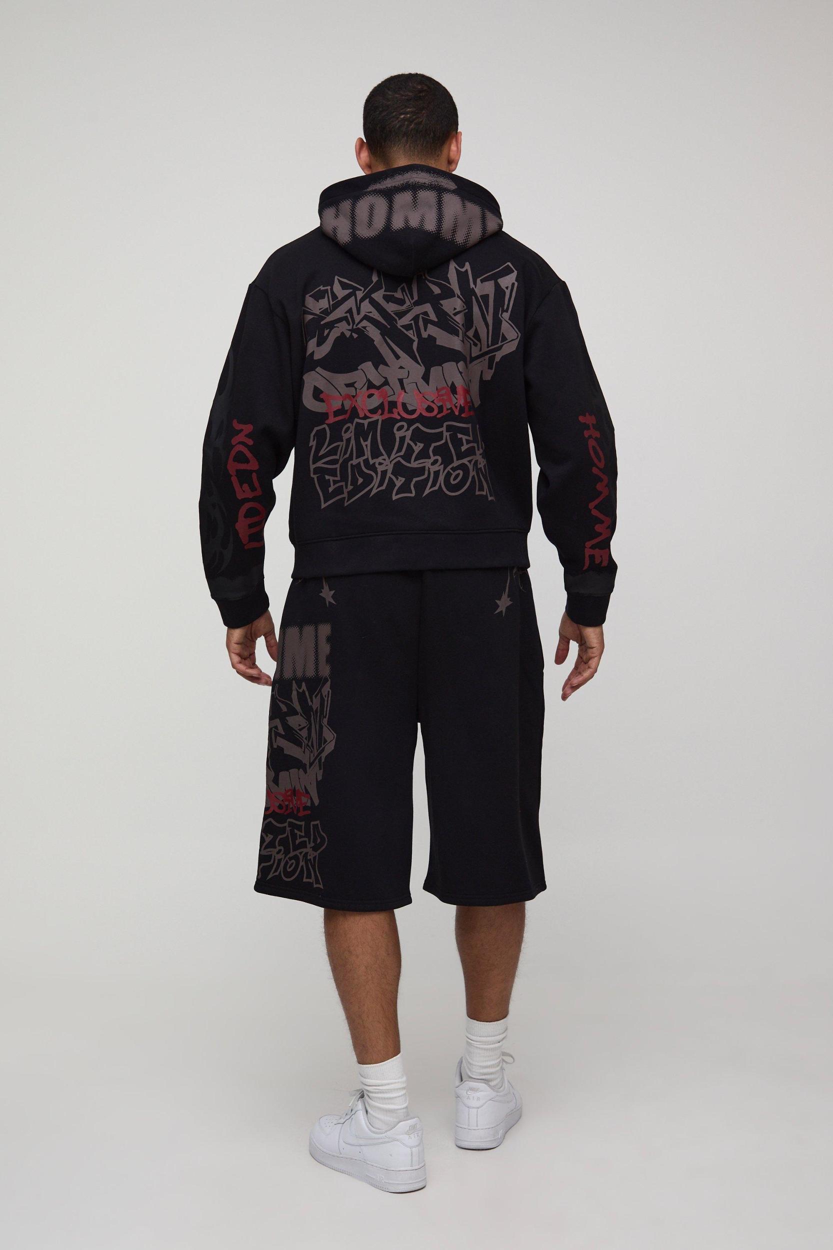 Oversized Boxy All Over Print Jort Zip Through Tracksuit | boohooMAN USA Product Image