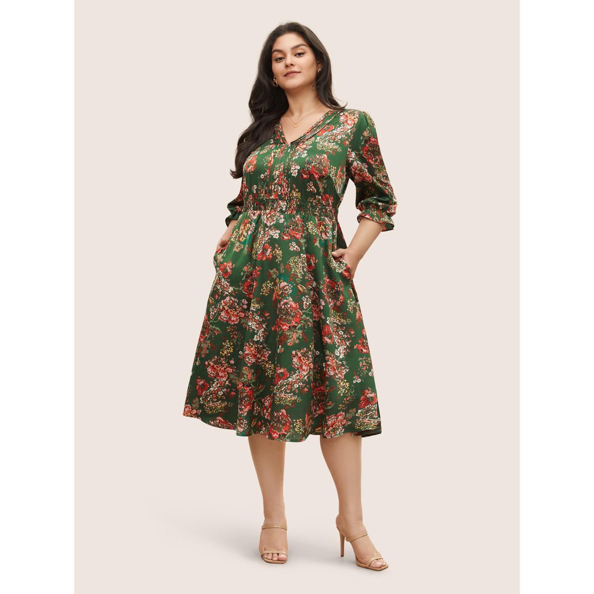 Plus Size Floral Print Flutter Sleeve Shirred Pleated Dress DarkGreen Women Elegant Non V-neck Elbow-length sleeve Curvy Midi Dress BloomChic 12/L Product Image
