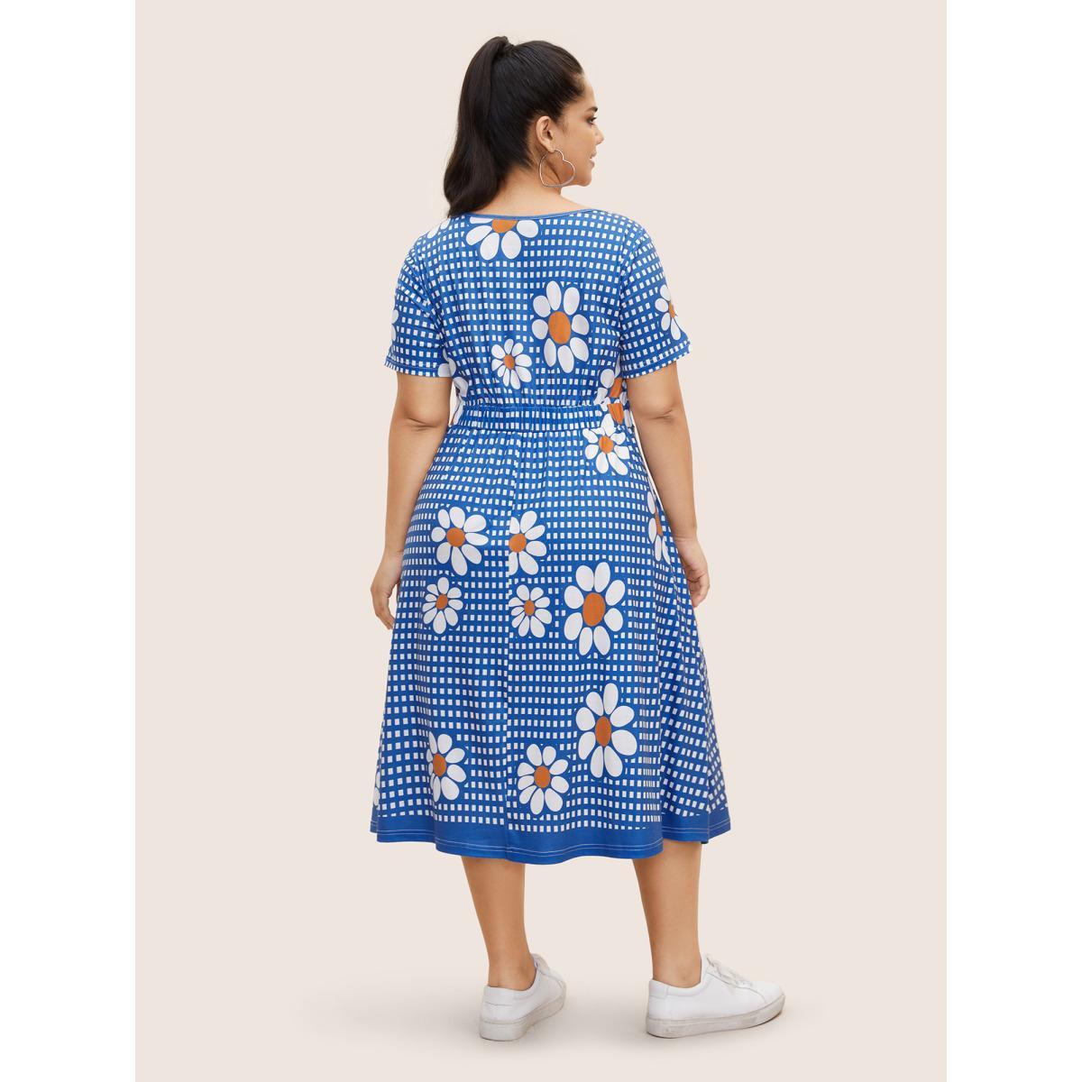 Plus Size Gingham Floral Elastic Waist Midi Dress Skyblue Women Casual Non Heart neckline Short sleeve Curvy BloomChic 10/M Product Image