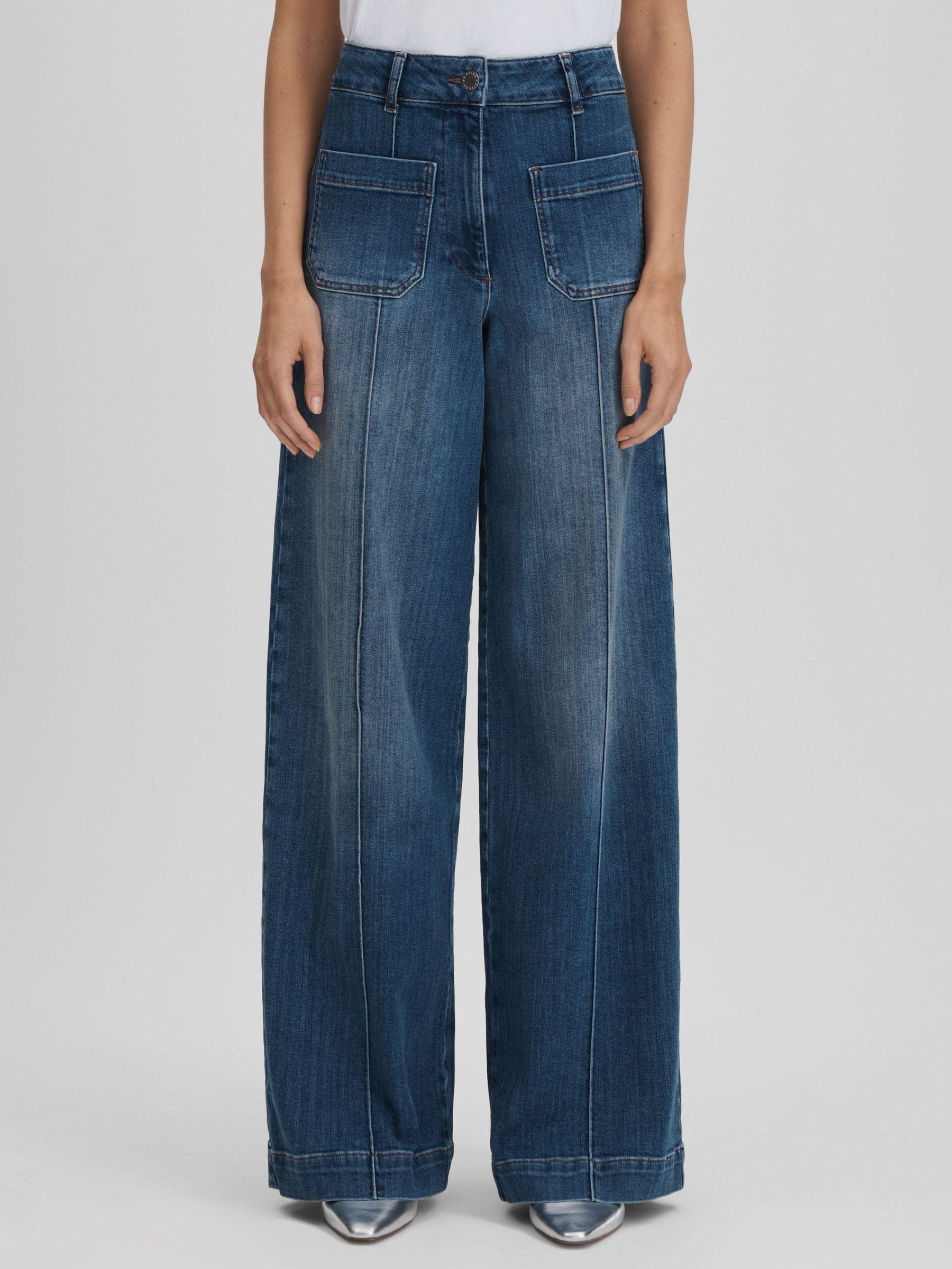 Petite Front Pocket Wide Leg Jeans in Mid Blue Product Image