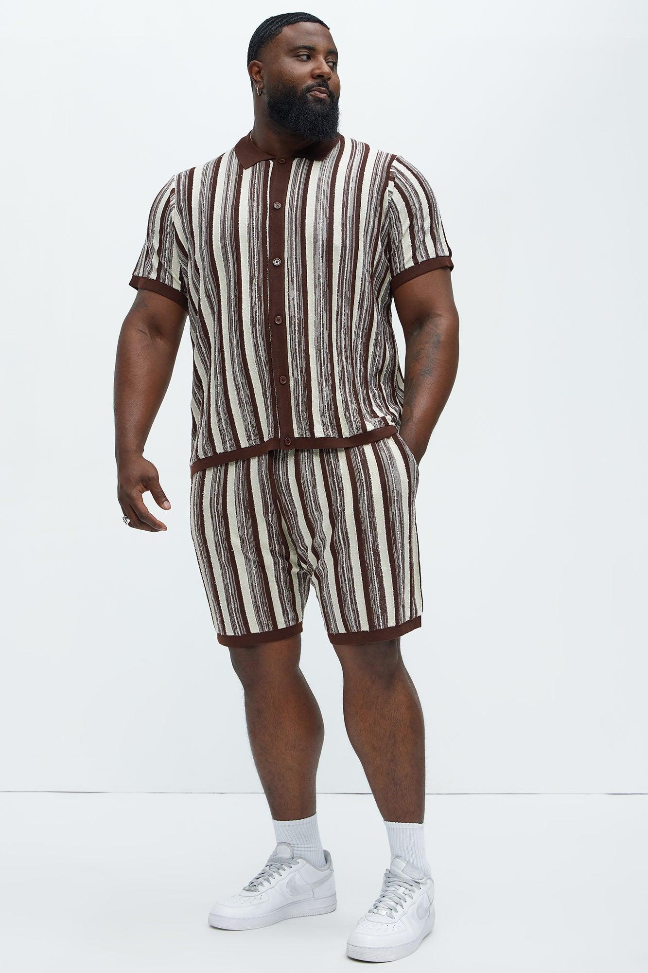 Textured Stripes Knitted Shorts - Brown/combo Product Image
