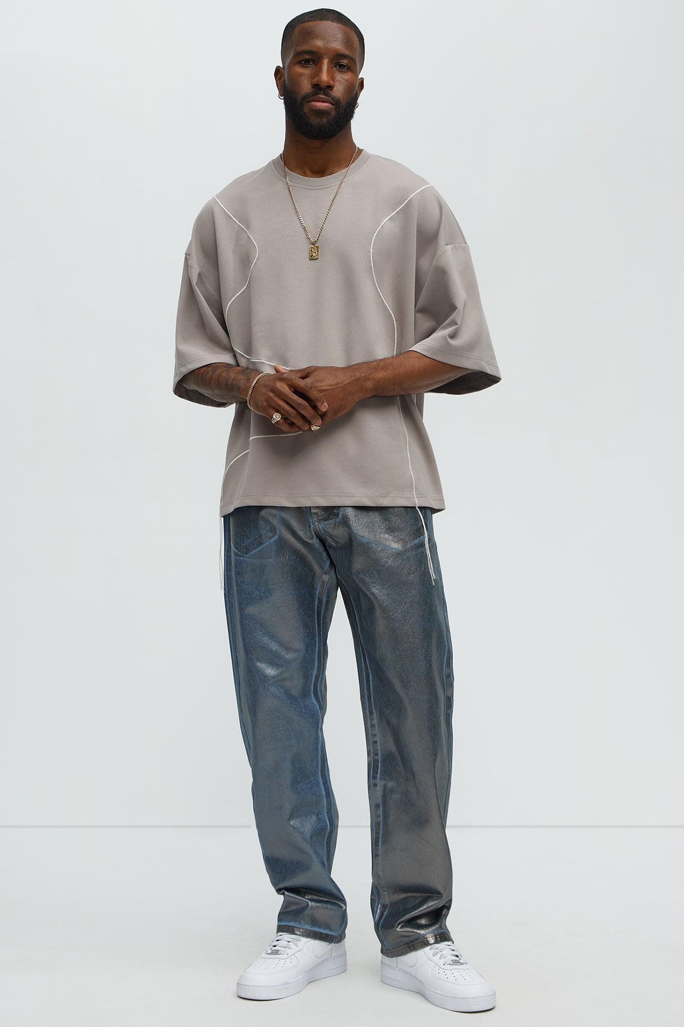 Vertical Wavy Contrast Stitch Boxy Cropped Tee - Taupe Product Image