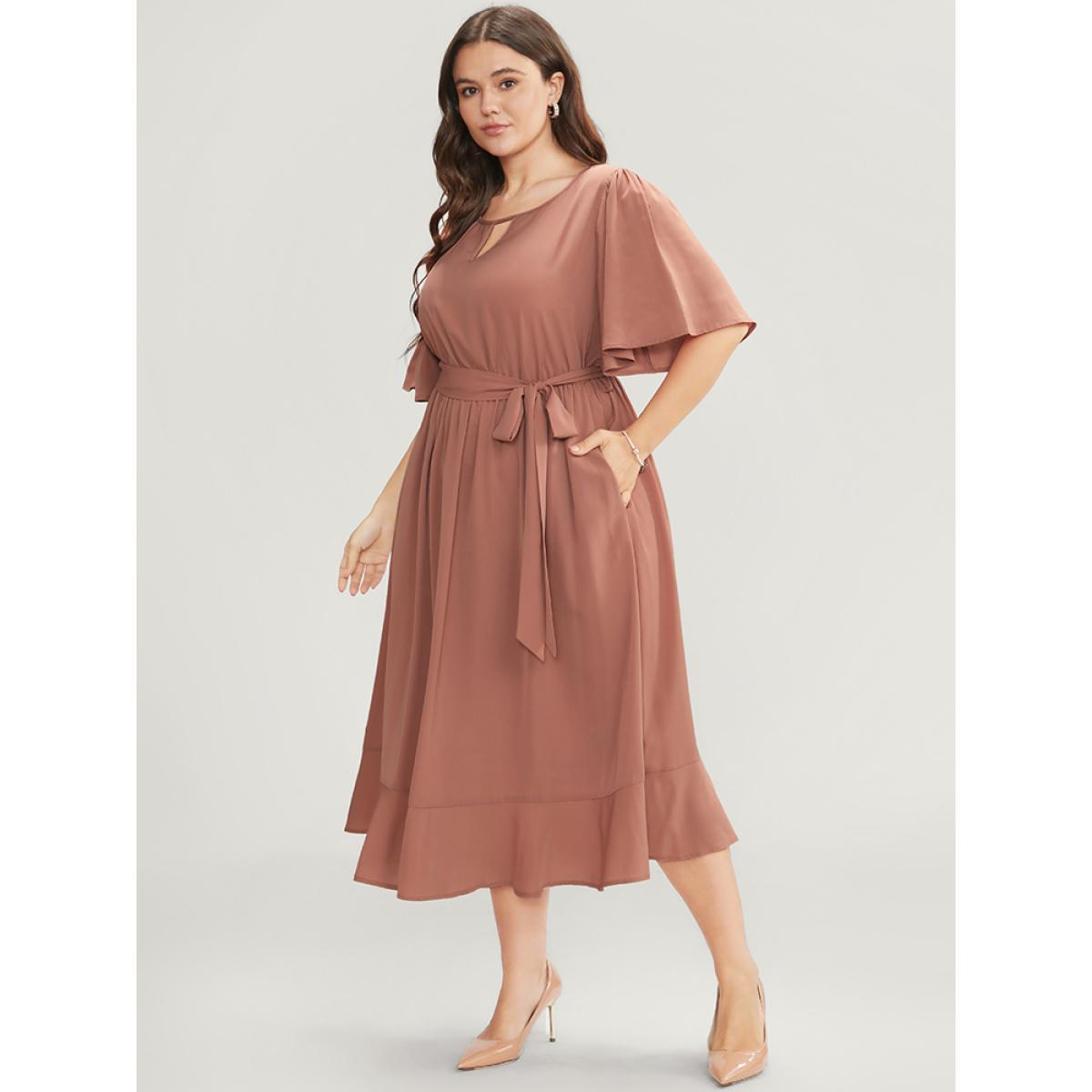 Plus Size Solid Keyhole Round Neck Pocket Belted Flutter Dress Salmon Women Office Belted Round Neck Half Sleeve Curvy Midi Dress BloomChic 12/L Product Image