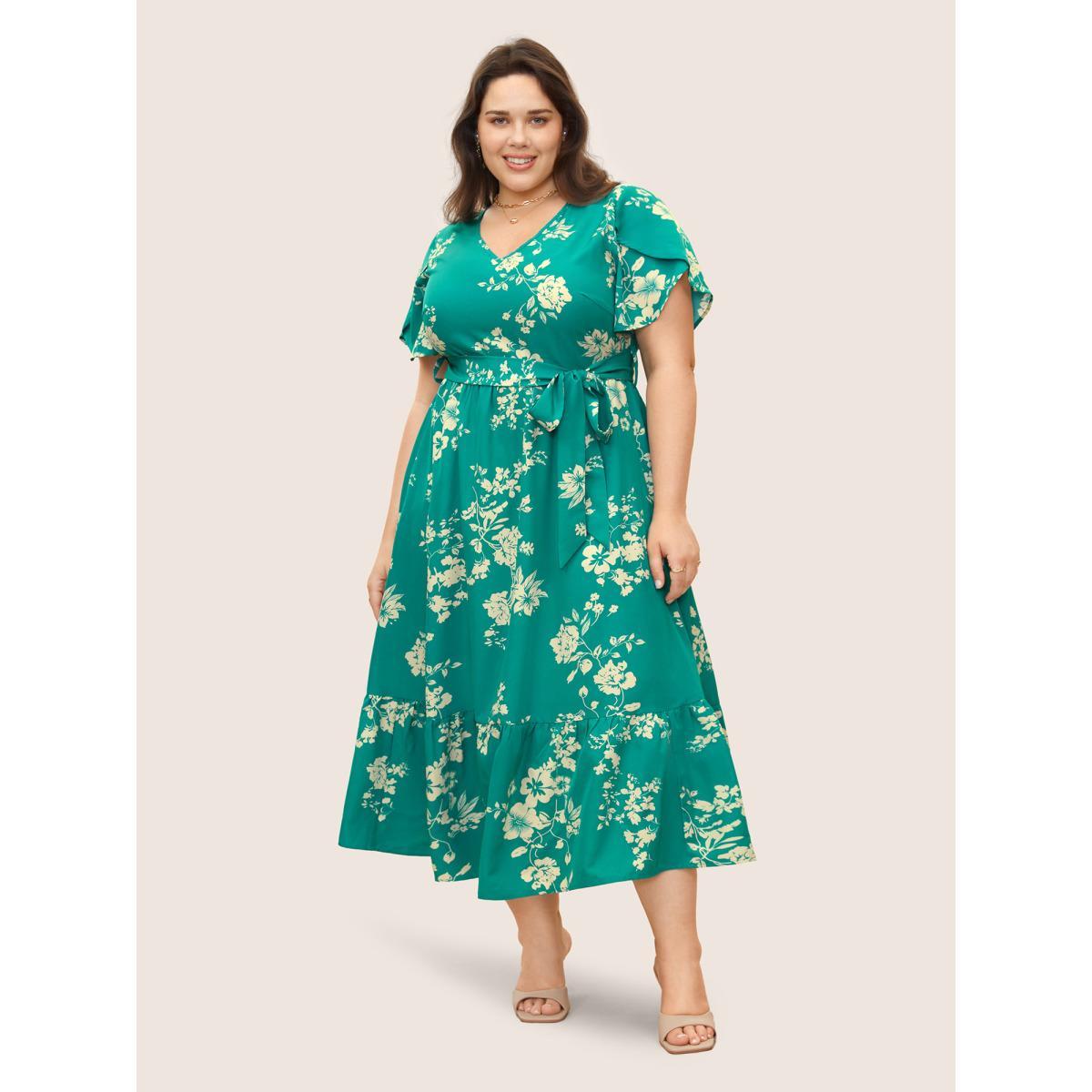 Plus Size V Neck Floral Petal Sleeve Belted Dress Teal Women Elegant Belted V-neck Short sleeve Curvy BloomChic 22-24/3X Product Image